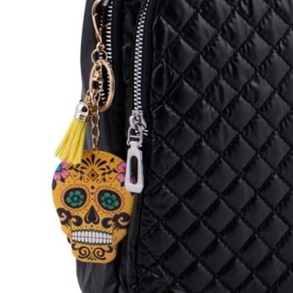 Yellow Sugar Skull Tassel Keychain KeyRing Bag Charm - Picture 4 of 4